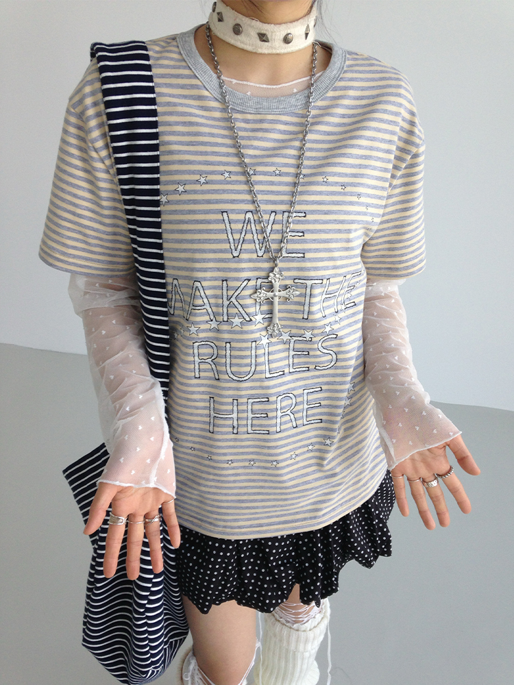 Galaxy Walk Printed Striped Color Block Casual Short Sleeve T-Shirt for Trendy, Relaxed Style