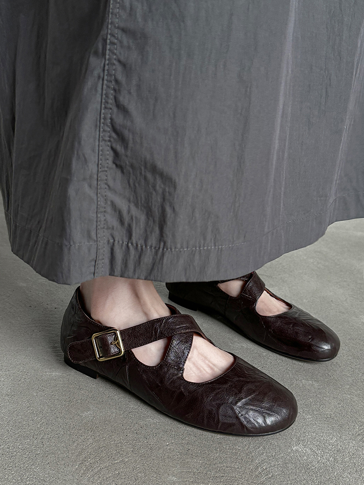 Genuine Leather Round Toe Cross Strap Ballet Flats for Women - Comfortable Spring Slip-On Shoes