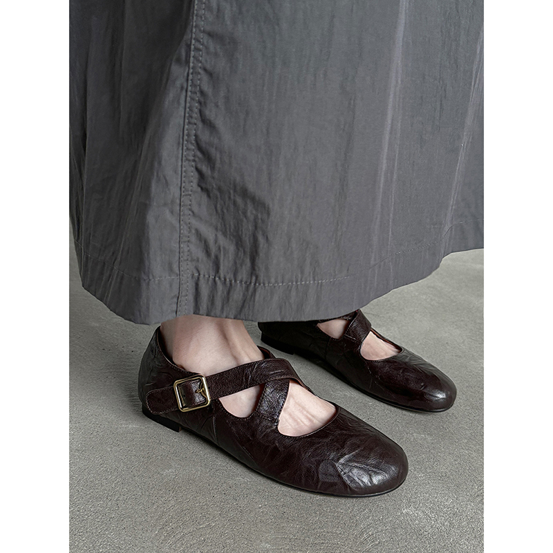 Genuine Leather Round Toe Cross Strap Ballet Flats for Women - Comfortable Spring Slip-On Shoes