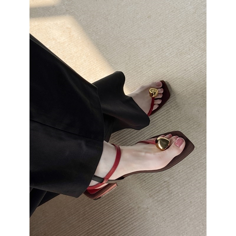 Genuine Leather Square Toe Metal Buckle Clip Toe Sandals for Women - Summer Elegant Low Heel One Strap Footwear