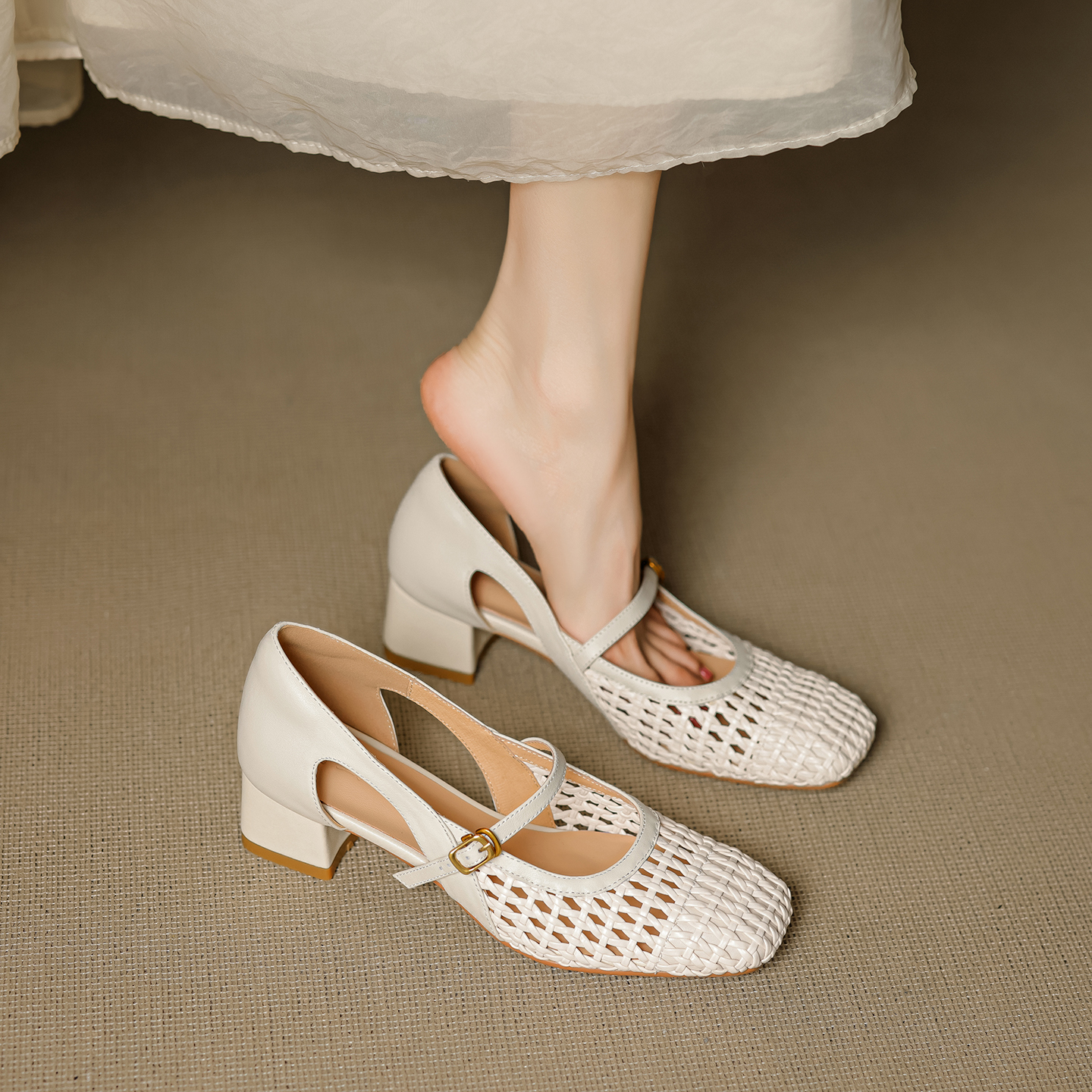 Genuine Leather Square Toe Woven Hollow Mary Jane Shoes for Women - 2025 Mid-Heel Strap Flats, Y2K Style