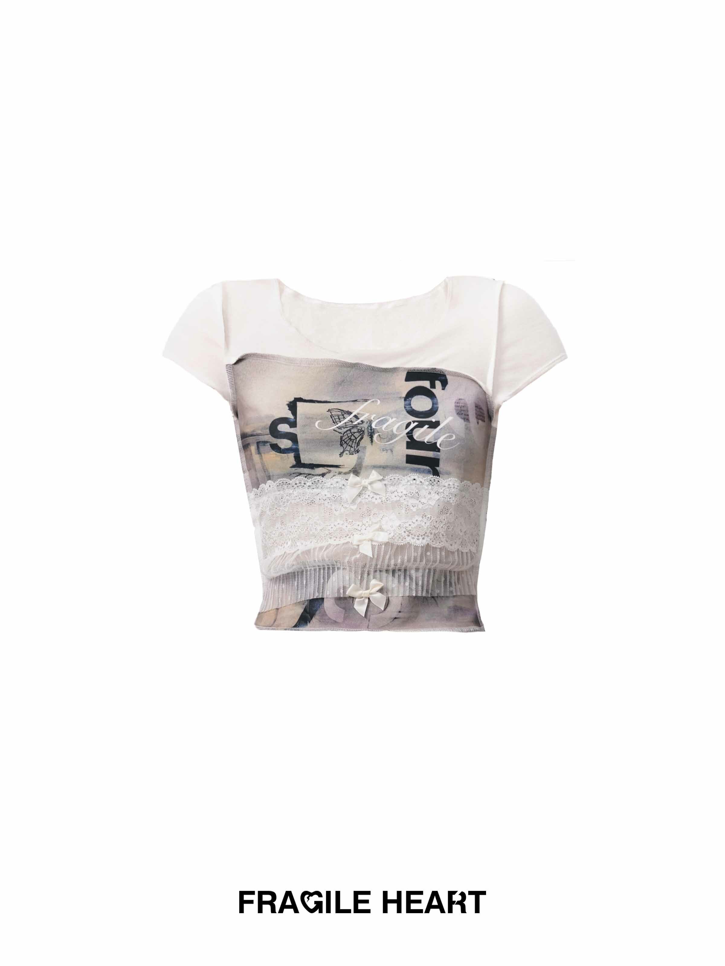 Girlish Heart Print Lace Splicing Bow Short Sleeve Slim Top - Trendy Y2K Style for a Romantic Look