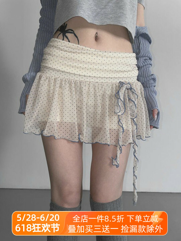 Girls' Butterfly Flower Polka Dot Short Pleated Skirt - Low Waist French Style Net Yarn Design for Y2K Fashion