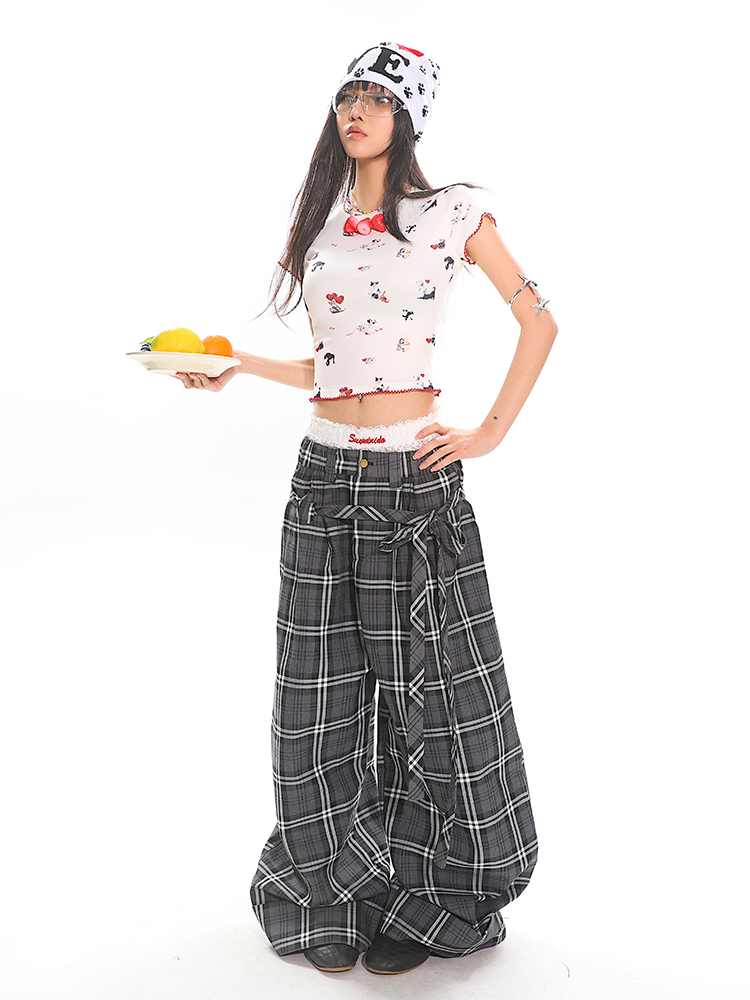 Glen Gray Vintage Oversized Checkered Wide-Leg Pants with Flowing Straps for Women - Summer Y2K Style Fashion