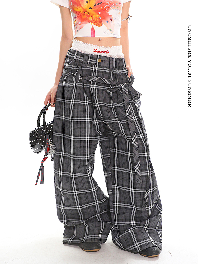 Glen Gray Vintage Oversized Checkered Wide-Leg Pants with Flowing Straps for Women - Summer Y2K Style Fashion
