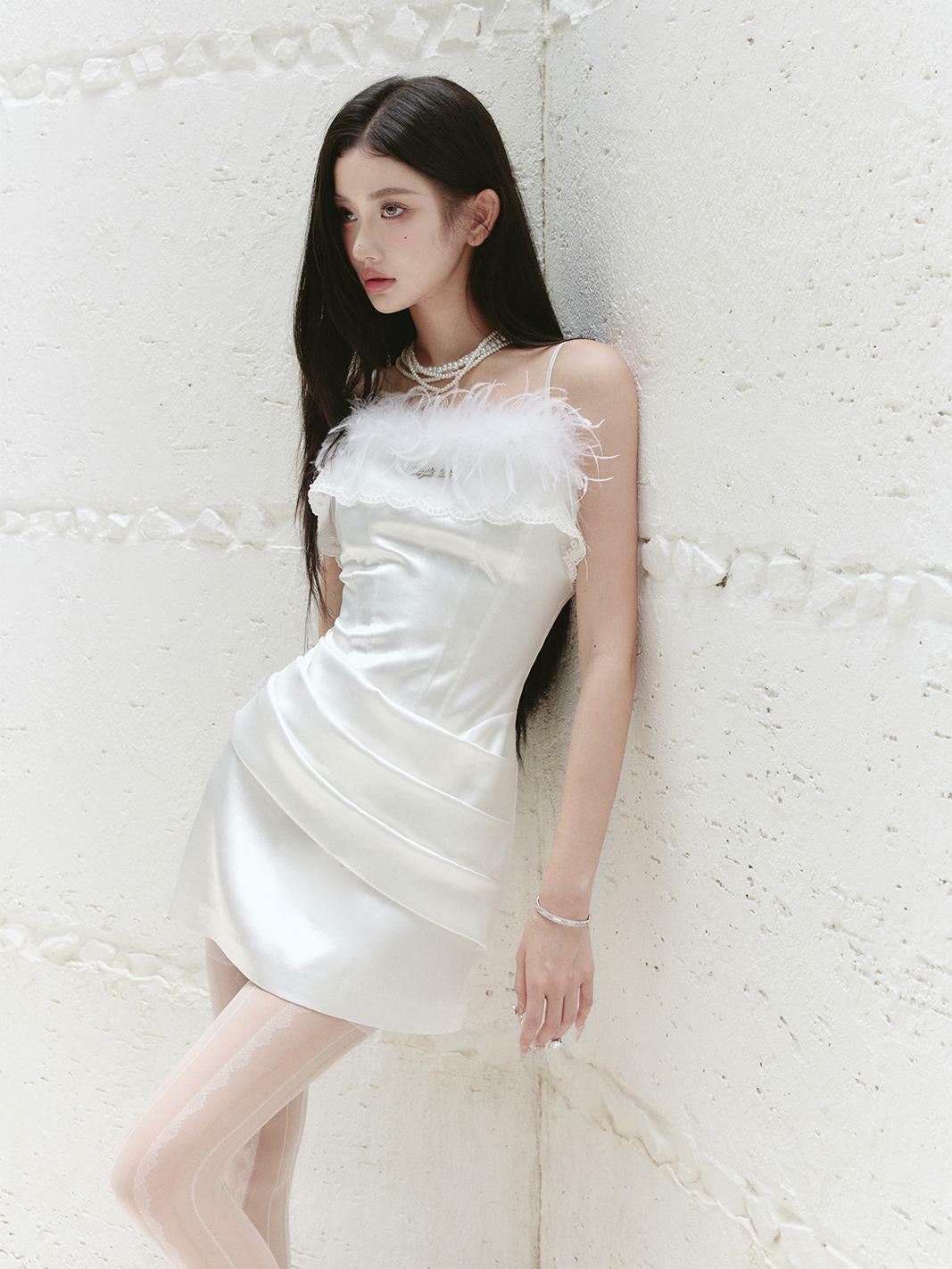 Golden Silk Satin Slip Dress - Snow Falls on Swan Lake Design, Elegant Evening Wear, Perfect for Special Occasions, Y2K Style