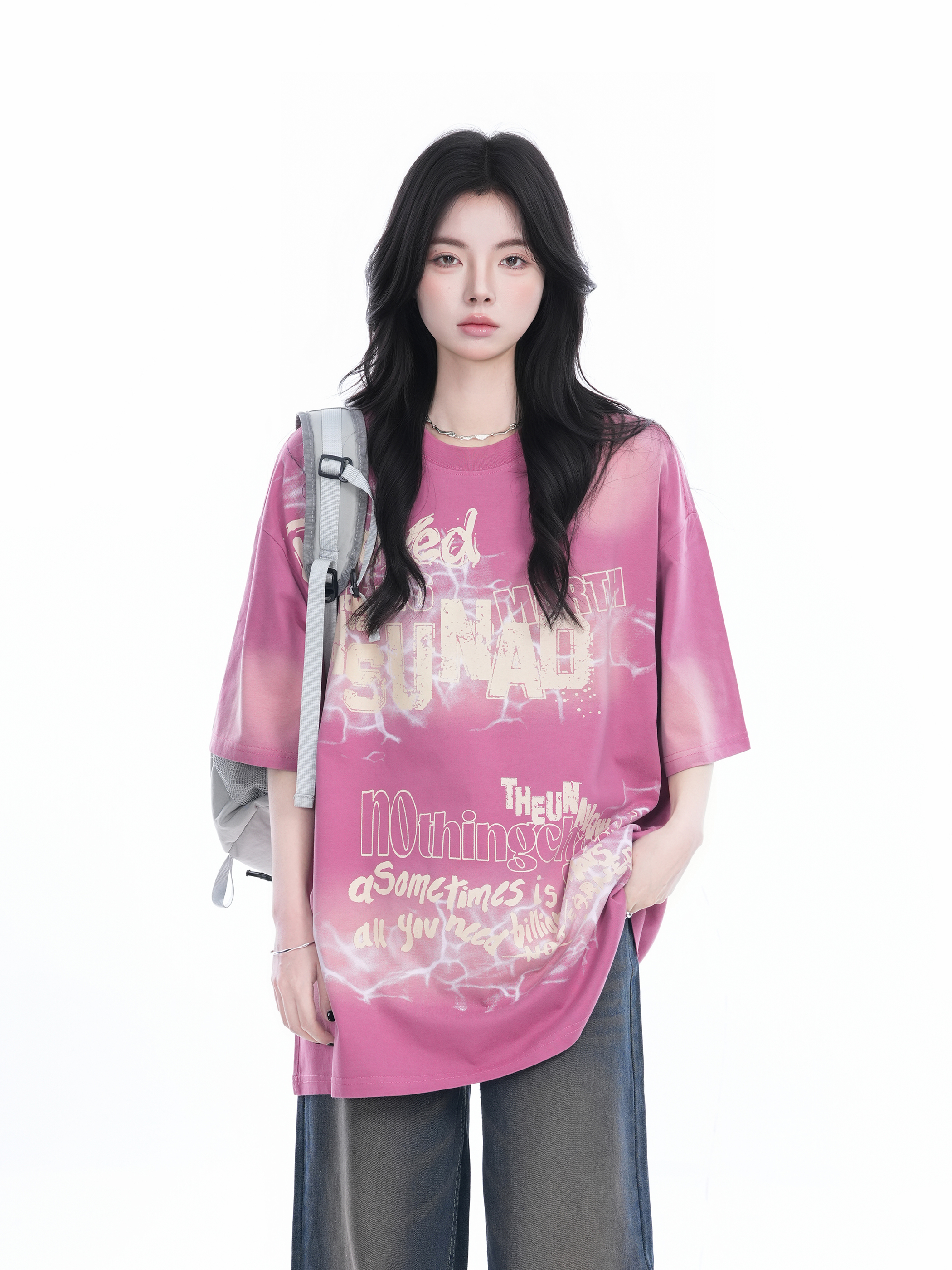 Gradient Pink Oversized Short Sleeve T-Shirt for Women - Trendy American High Street Style with "Sit and Eat Until the Mountains Are Empty" Design