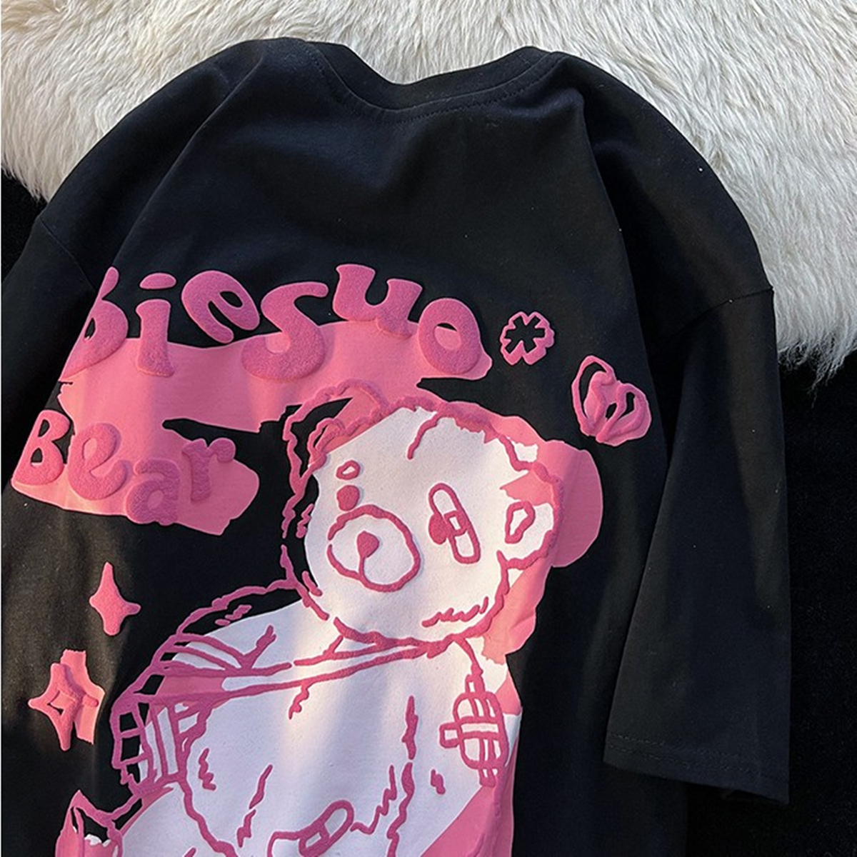 Graffiti Bear Short Sleeve T-Shirt for Men and Women - Plus Size Loose Fit Pure Cotton Casual Couple Tee