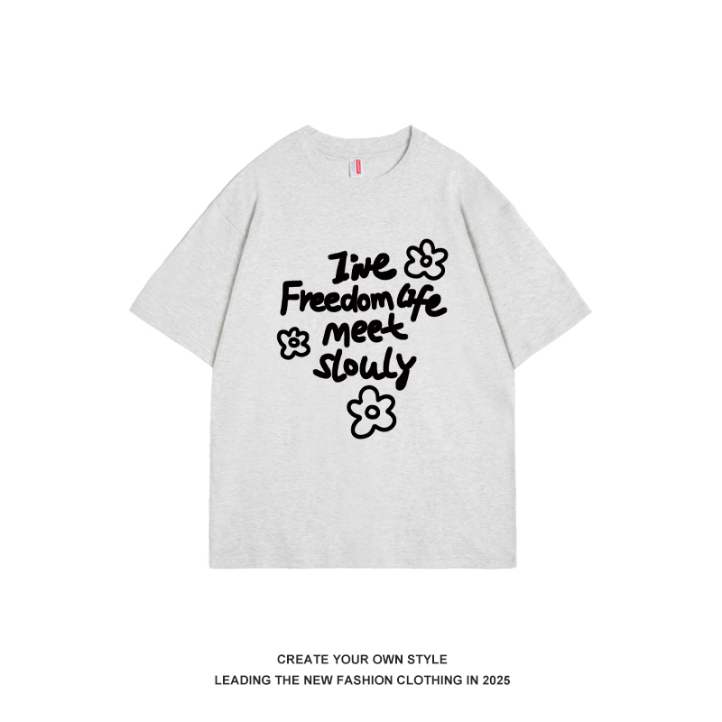 Graffiti Floral Letter Oversized Short Sleeve T-Shirt for Women - Korean Style Round Neck Pure Cotton Top