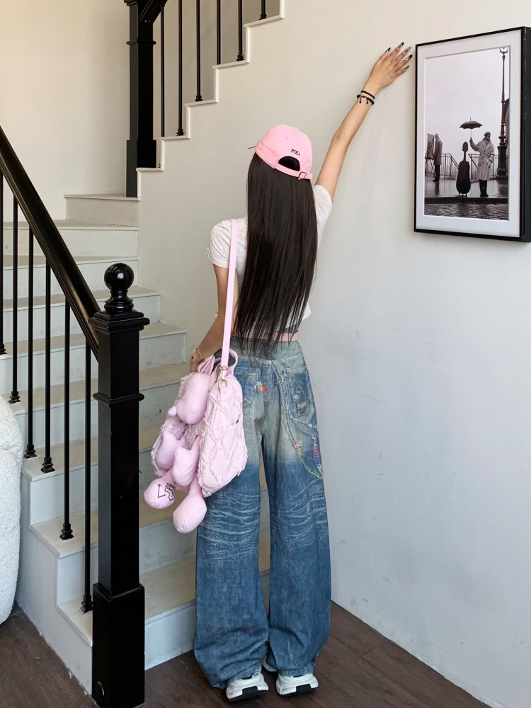 Graffiti Painted Wide Leg Jeans for Women - Summer Straight Leg Floor-Length Pants with Little Bear Chain Design