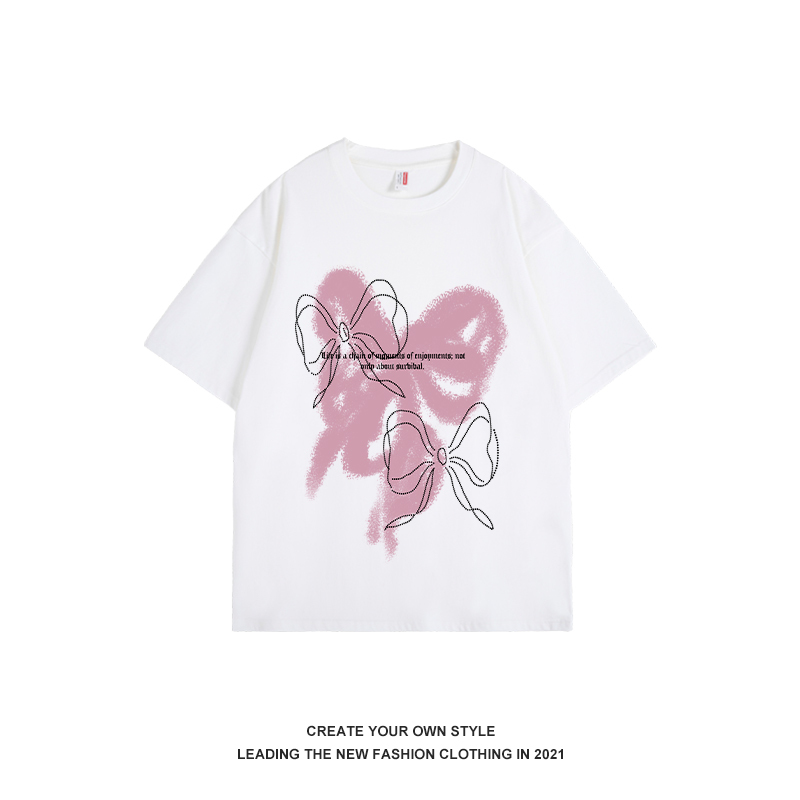 Gray and Pink Color Block Graffiti Bow Short Sleeve T-Shirt for Women - Trendy Summer Top with Y2K Vibes