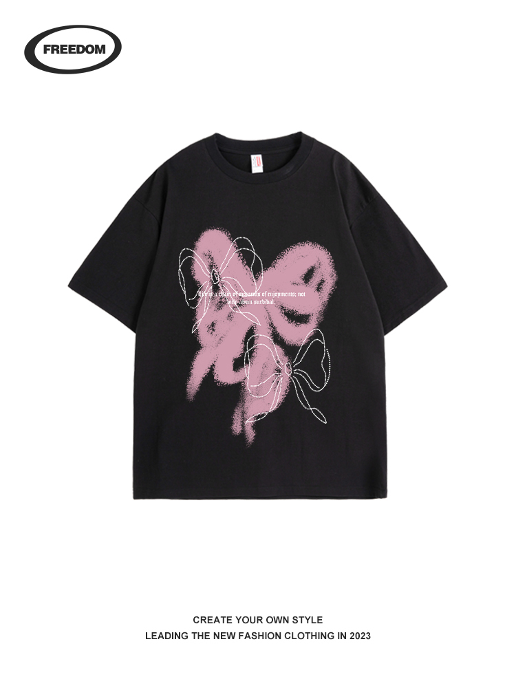 Gray and Pink Color Block Graffiti Bow Short Sleeve T-Shirt for Women - Trendy Summer Top with Y2K Vibes