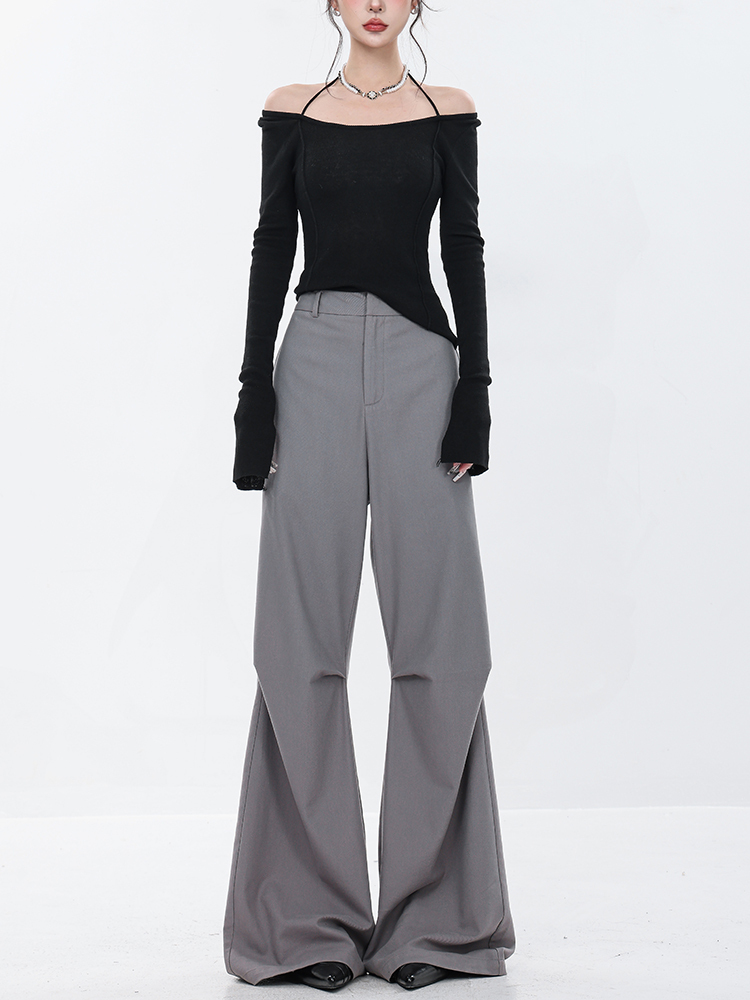 Gray High-Waisted Draped Wide-Leg Suit Pants for Women - Pleated, Slightly Flared, American High Street Style, Spring Fashion