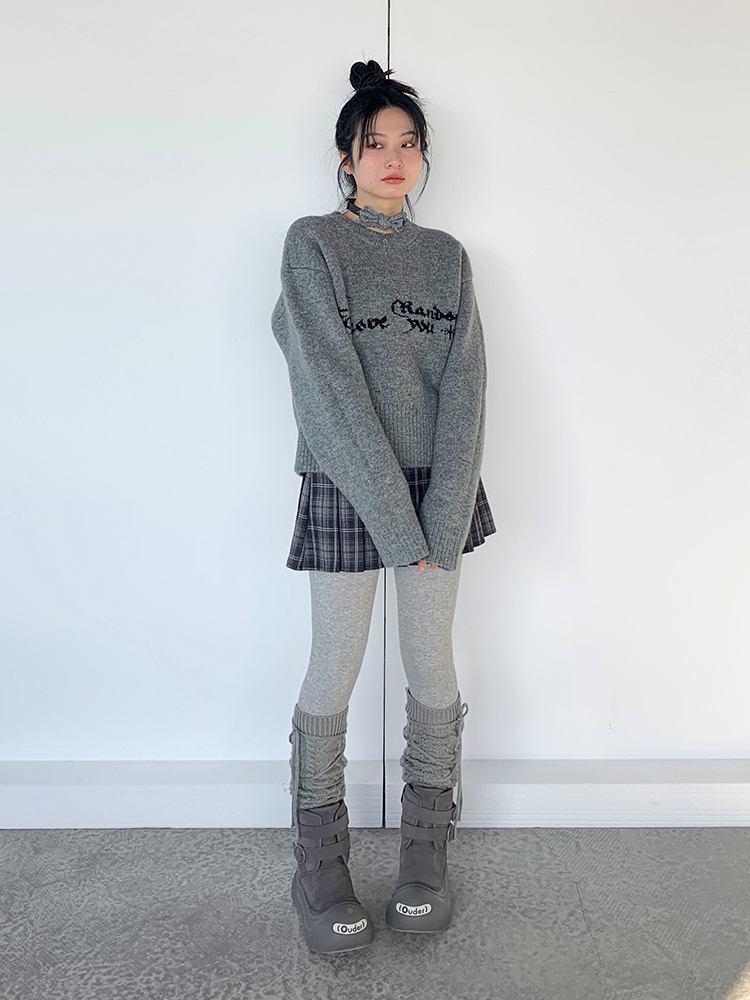 Gray Jacquard Round Neck Loose Casual Layered Knit Sweater for Women in Shibuya Style - Trendy 90s Inspired Fashion