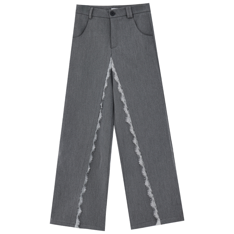 Gray Lace Splicing Design Wide-Leg Suit Pants for Women - Summer Loose Draped Fashion Trousers - Y2K Style