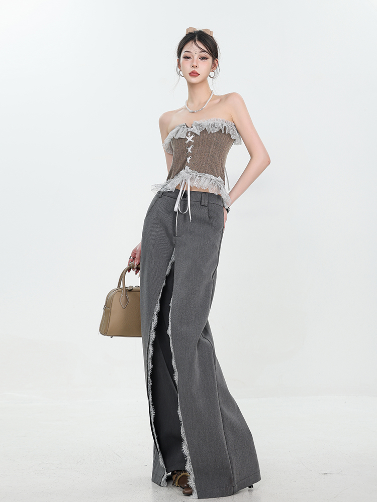 Gray Lace Splicing Design Wide-Leg Suit Pants for Women - Summer Loose Draped Fashion Trousers - Y2K Style
