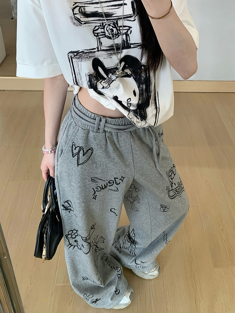 Gray Printed Wide-Leg Casual Pants for Women - Loose Slim Fit Summer Trousers, Trendy 90s Style