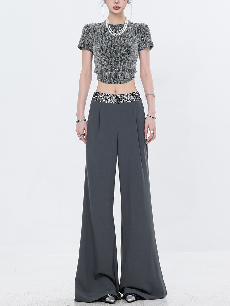Gray Sequin Patchwork Draped Wide-Leg Suit Pants for Women - Loose Slim Fit, Slightly Flared, Summer Fashion