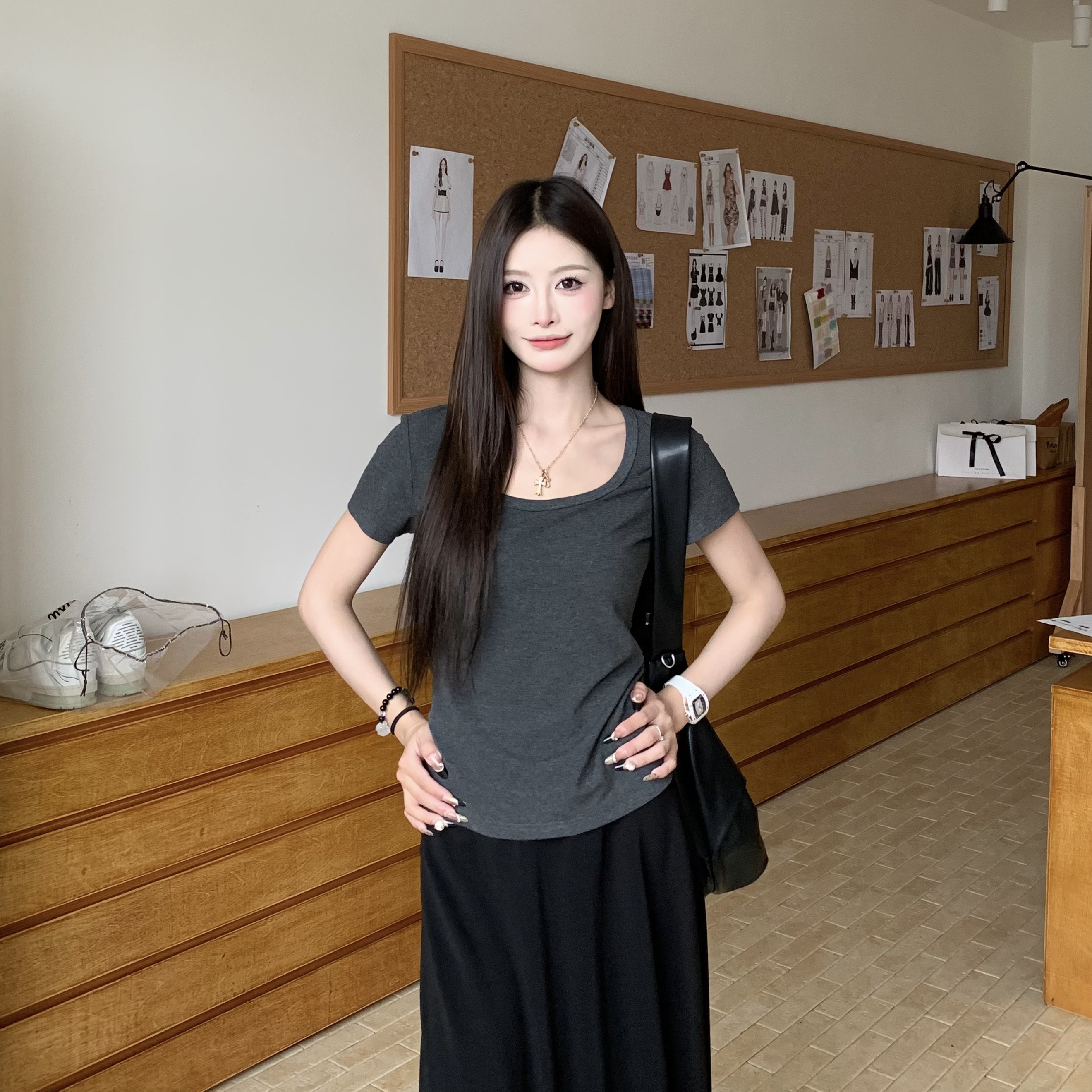 Gray Square Neck Short Sleeve T-Shirt for Women - Summer Loose Slim Fit Top - Casual Y2K Style Hot Girl Tee