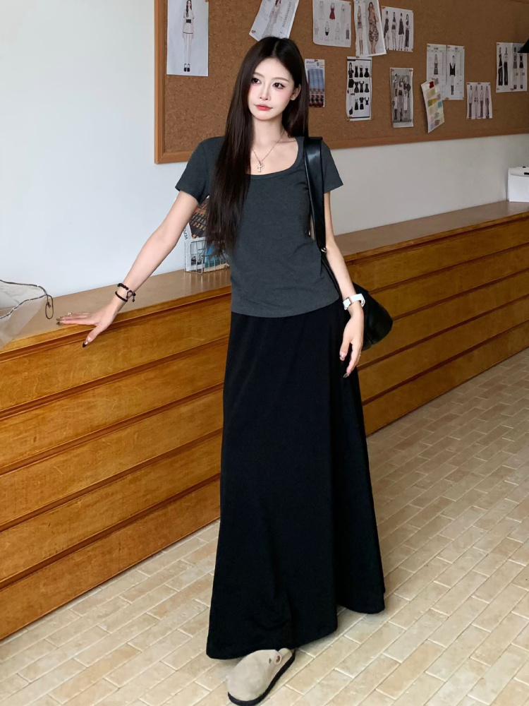 Gray Square Neck Short Sleeve T-Shirt for Women - Summer Loose Slim Fit Top - Casual Y2K Style Hot Girl Tee