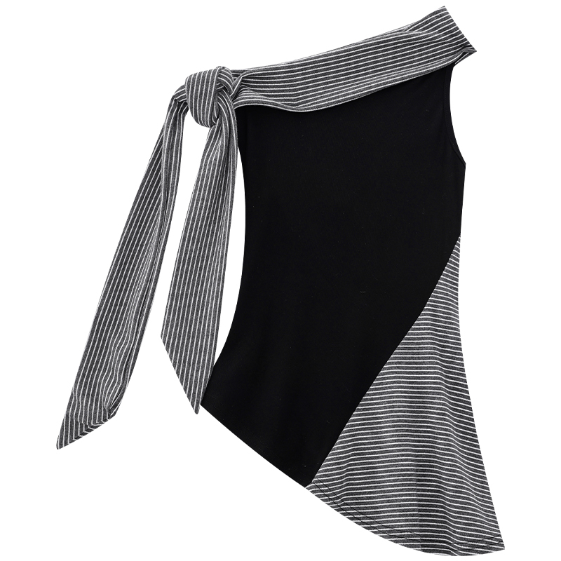 Gray Striped Asymmetrical Shoulder Sleeveless T-Shirt for Women - Summer Slim Fit Top, Casual Fashion Essential, 90s Inspired Style