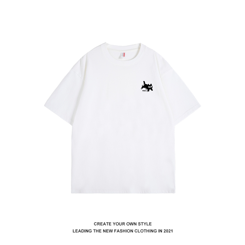 Gray Vintage Cat Illustration T-Shirt for Women - Short Sleeve Pure Cotton College Style Summer Top