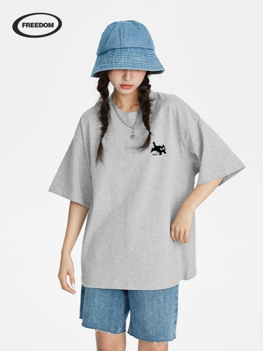 Gray Vintage Cat Illustration T-Shirt for Women - Short Sleeve Pure Cotton College Style Summer Top
