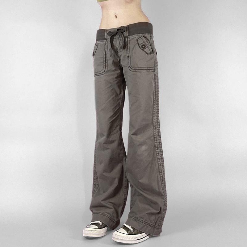 Gray Vintage Low-Waist Tied Straight-Leg Cargo Pants for Women, Versatile Slimming Design, Floor-Length Y2K Dance Pants