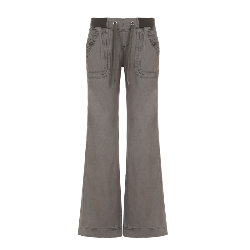 Gray Vintage Low-Waist Tied Straight-Leg Cargo Pants for Women, Versatile Slimming Design, Floor-Length Y2K Dance Pants