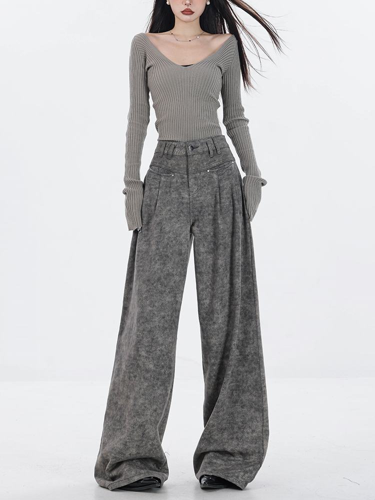 Gray Wide-Leg Jeans for Women - Casual High-Waisted Slim Fit Loose Straight Pants - 2025 Early Spring Fashion