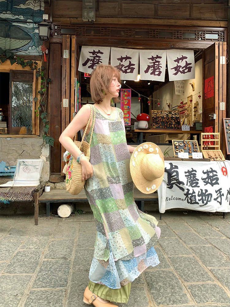 Green Field Ripples Retro Patchwork Chiffon Layered Dress for Women - Vintage Summer Forest Style Long Dress