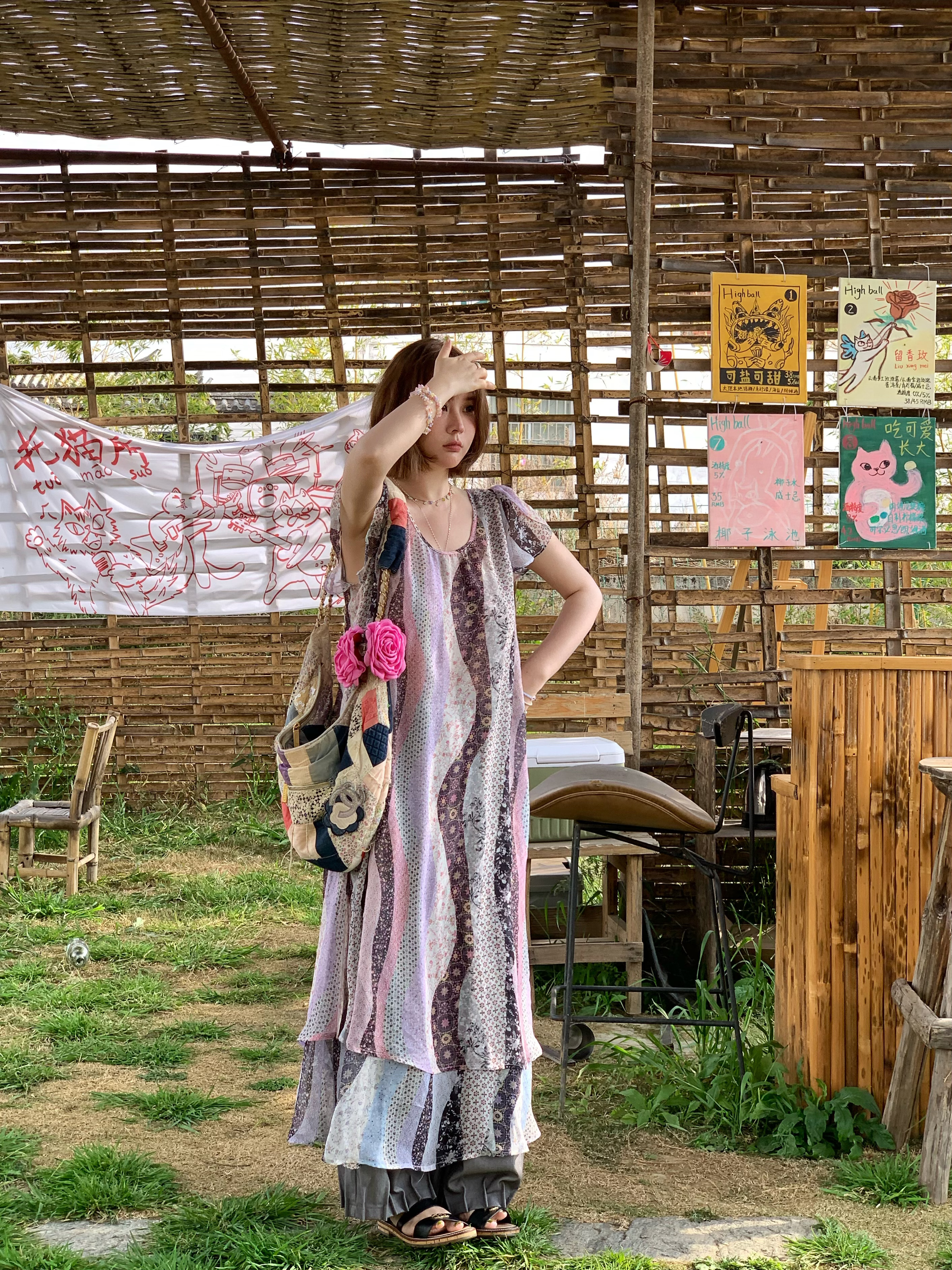 Green Field Ripples Retro Patchwork Chiffon Layered Dress for Women - Vintage Summer Forest Style Long Dress