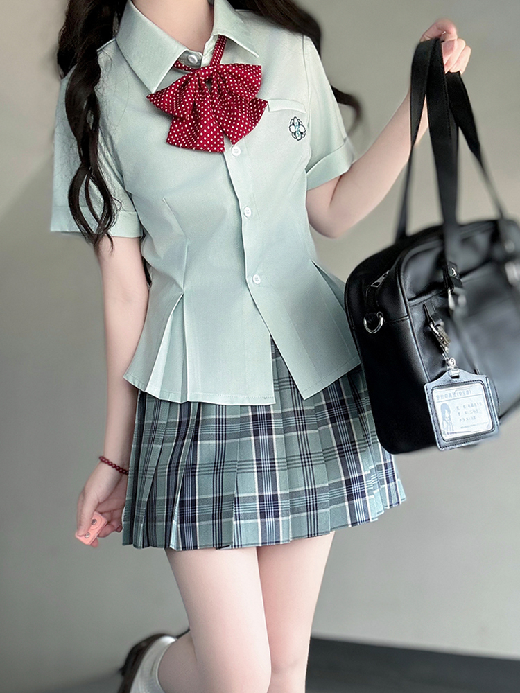 Green Folded Edge Short Sleeve Shirt for Women - Pudding Bear Original JK Uniform College Style, Summer Waist-Defined Design
