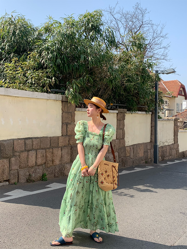 Green Grapefruit Lemon Tea Floral Linen Dress for Women - Vintage Summer Puff Sleeve Long Dress