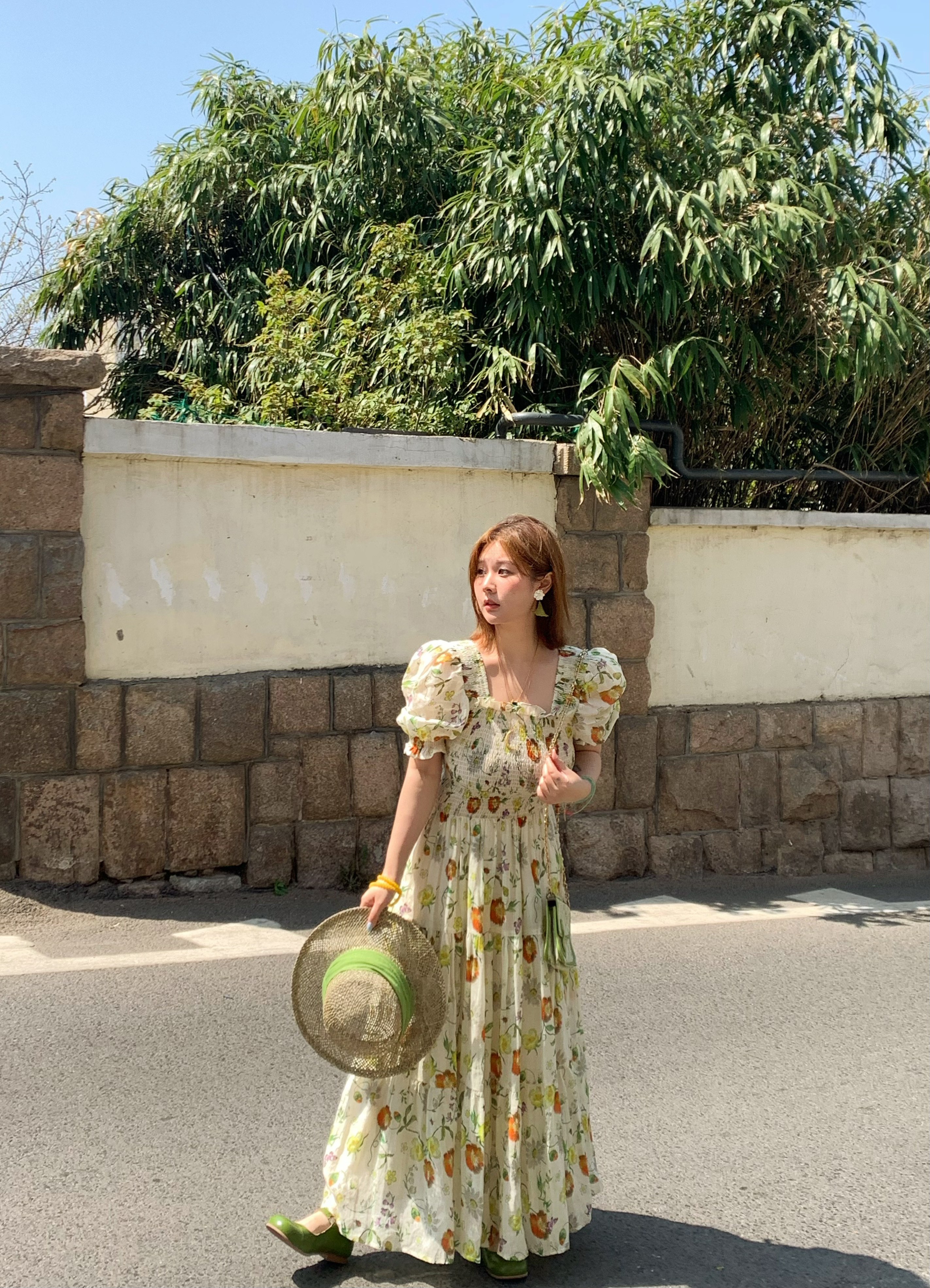 Green Grapefruit Lemon Tea Floral Linen Dress for Women - Vintage Summer Puff Sleeve Long Dress