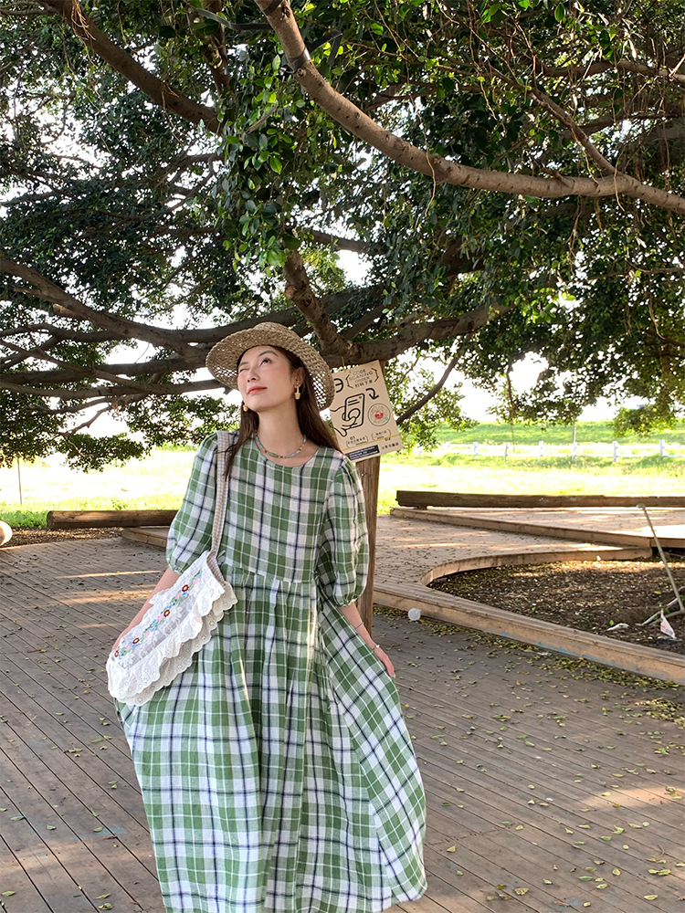 Green Plaid Linen Short Sleeve Dress for Women - Summer Loose Puff Sleeve Vintage Style Dress - Perfect for Casual Outings