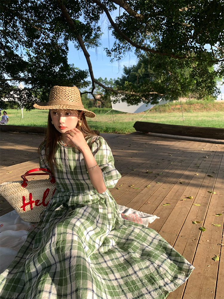 Green Plaid Linen Short Sleeve Dress for Women - Summer Loose Puff Sleeve Vintage Style Dress - Perfect for Casual Outings