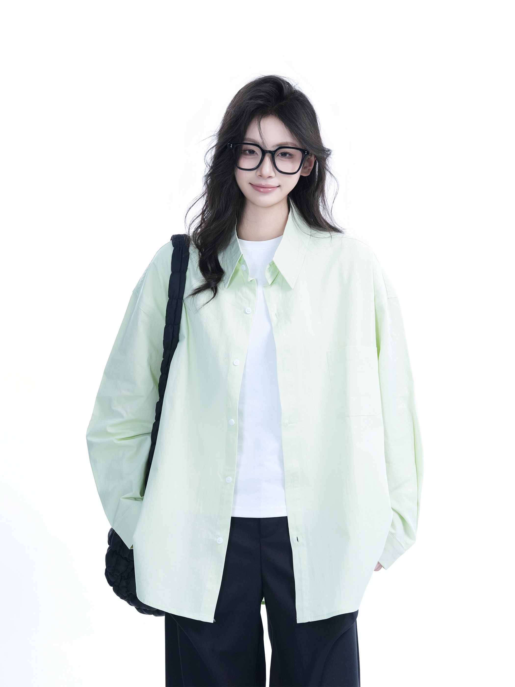 Green Solid Color Long Sleeve Shirt for Women - "Sit and Eat Until the Mountains Are Empty" Mambo Wind - Spring Loose Fit Fashion Trend