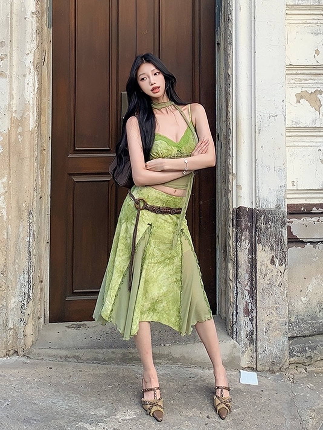 Green Tie-Dye Jacquard Handmade Beaded Vintage Camisole and Textured Midi Skirt Set - Y2K Inspired Fashion Ensemble