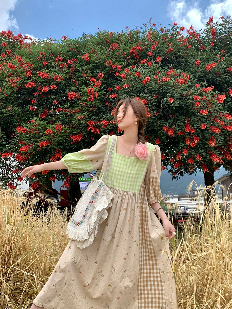 Green Wilderness Retro Plaid Patchwork Linen Dress for Women - Summer Loose Puff Sleeve Long Dress, Y2K Vintage Style