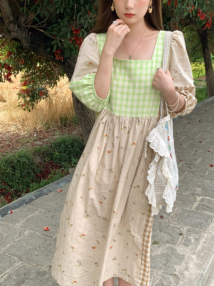 Green Wilderness Retro Plaid Patchwork Linen Dress for Women - Summer Loose Puff Sleeve Long Dress, Y2K Vintage Style