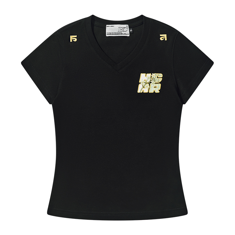 Guava Series Fun Little Embroidered Stretch Slim Fit V-Neck Short Sleeve T-Shirt for Women - Y2K Inspired Fashion Top