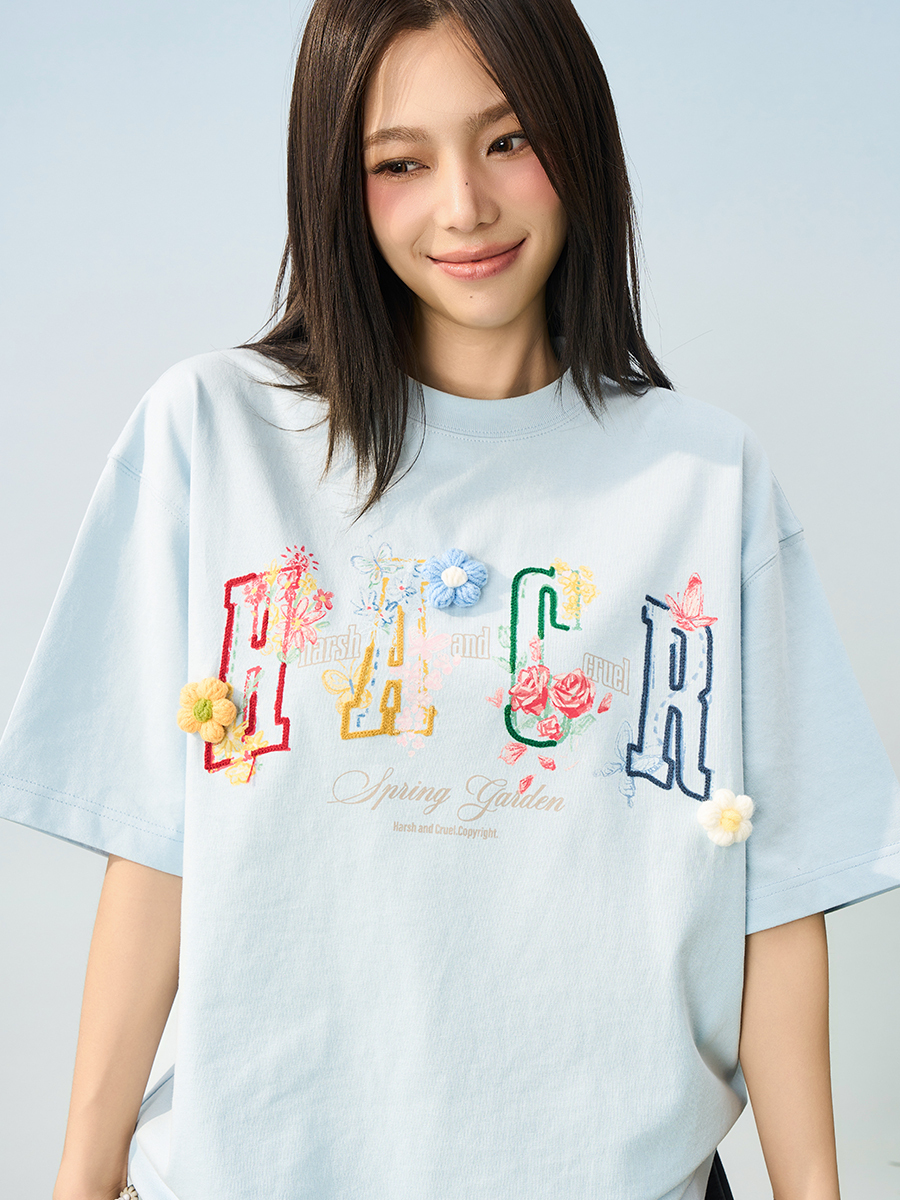 Hand-Drawn 3D Yarn Flower Loose Round Neck Short Sleeve T-Shirt for Kids, Men & Women - Trendy Casual Wear, Unisex Fashion