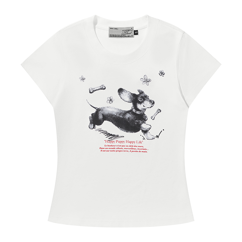 Hand-Drawn Small Dog Graphic T-Shirt for Women - Elastic Slim Fit Round Neck Short Sleeve - Cute Casual Style