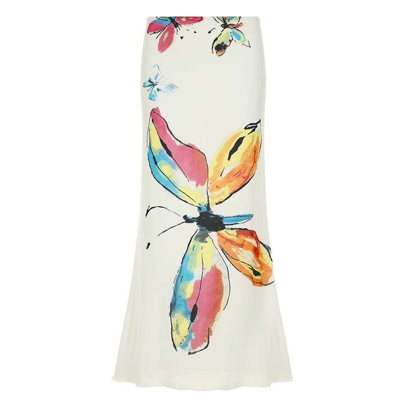 Hand-Painted Butterfly Print Low-Waist Bodycon Mermaid Skirt - Slim Fit Niche Temperament Fashion for a Chic Look