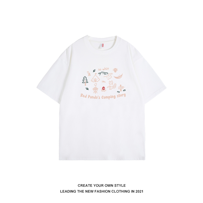 Hand-Painted Camping Cat Print Short Sleeve T-Shirt for Women - Summer Japanese Harajuku Style Couple Top