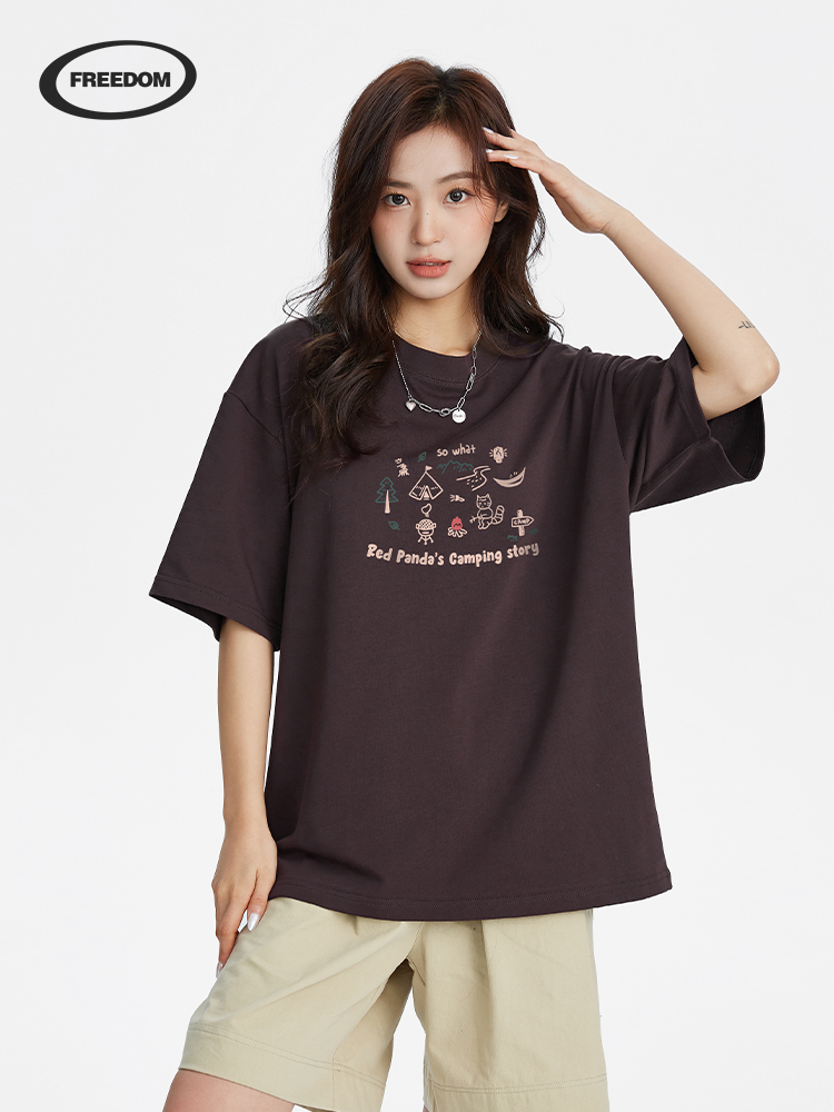 Hand-Painted Camping Cat Print Short Sleeve T-Shirt for Women - Summer Japanese Harajuku Style Couple Top