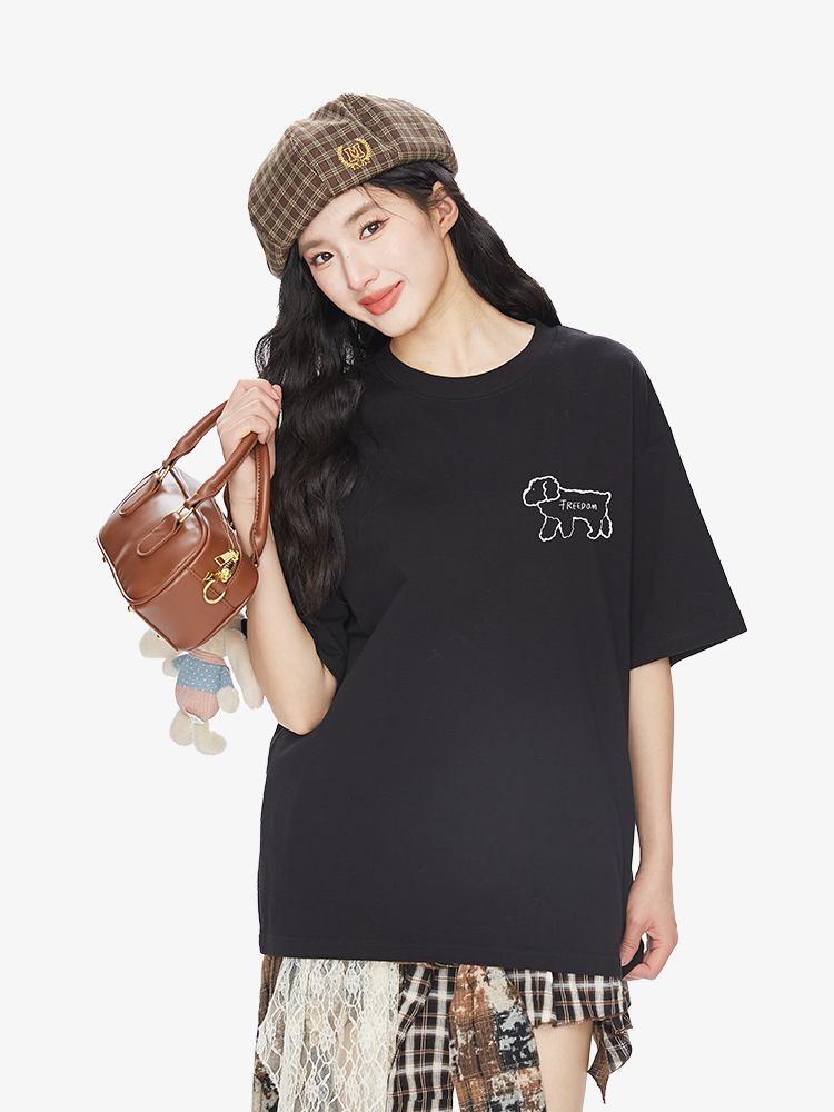 Hand-Painted Graffiti Dog Print Short Sleeve Women's T-shirt - 2025 Korean Style Casual Top for Petite Sizes