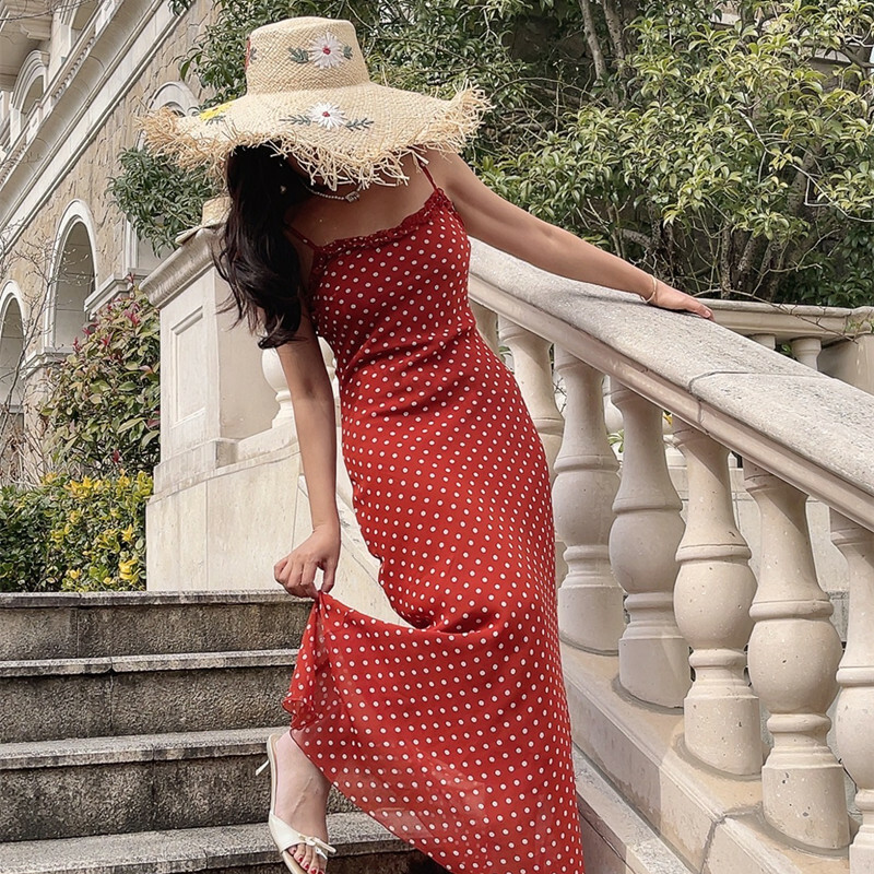 Handmade 2025 Spring/Summer French Polka Dot Ruffled Waist Slip Dress - Long Skirt Women's Vacation Fashion