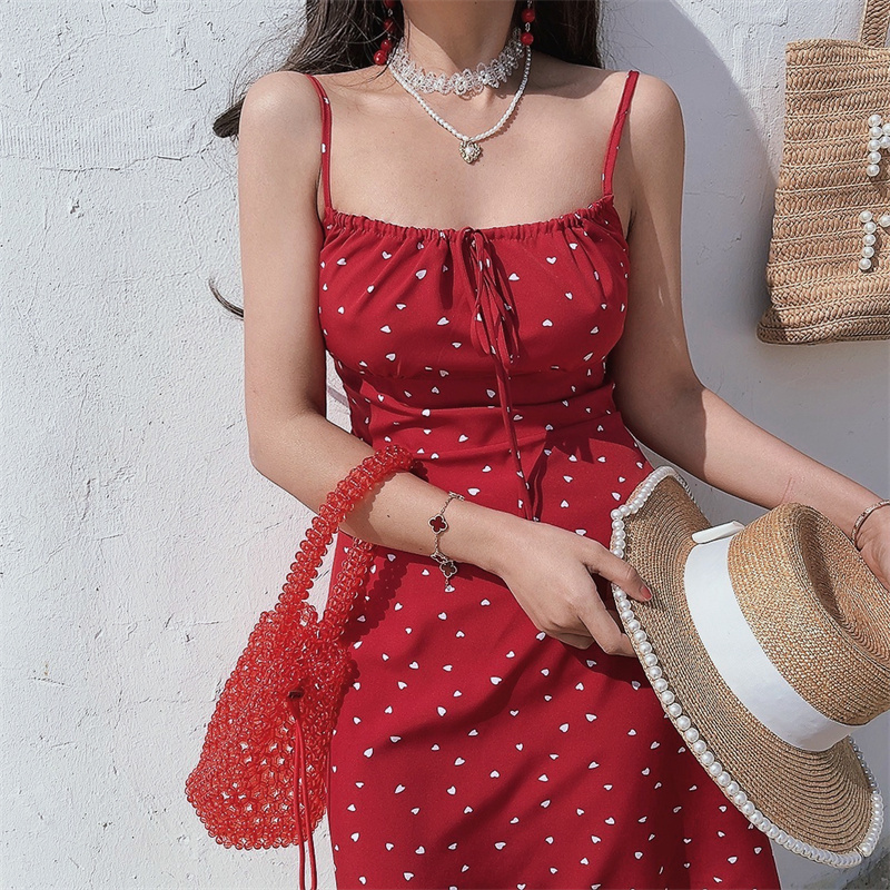 Handmade 2025 Spring/Summer Red Polka Dot French Square Neck Tie Bow Vacation Sling Dress for Women - Y2K Style